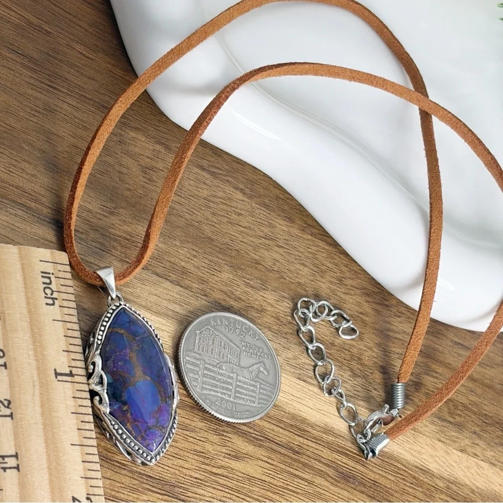 Vintage Sterling Silver 925 Purple Copper Turquoise Pendant Marquise Southwest